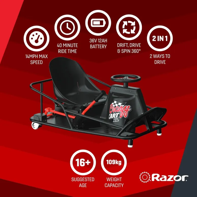 Razor Crazy Cart XL Elektrokart 8" 19 km/h 360° kierownica 36V 500W 16+ lat