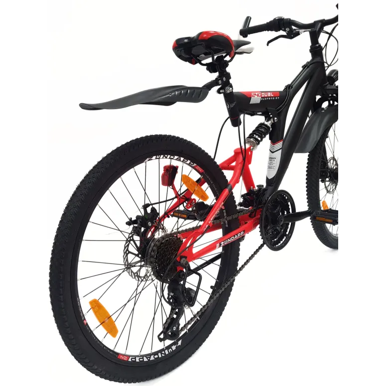 Rower Górski 24 Dziecięcy MTB Pełna Amortyzacja Oświetlenie Tarcze Dynamo