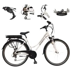 Elektryczny Rower Miejski Damski 28 Błotniki Oświetlenie Dzwonek Bagażnik