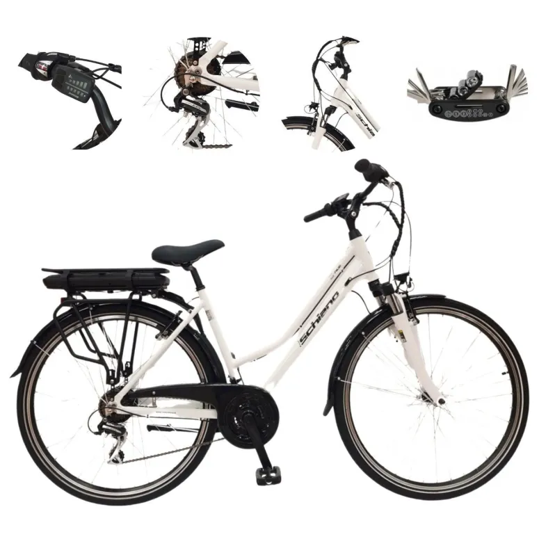 Elektryczny Rower Miejski Damski 28 Błotniki Oświetlenie Dzwonek Bagażnik