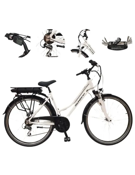 Elektryczny Rower Miejski Damski 28 Błotniki Oświetlenie Dzwonek Bagażnik