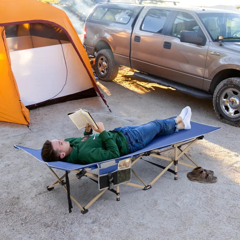 Łóżko Polowe Kempingowe Składane Leżak Sportneer Niebieskie 204kg Kieszenie