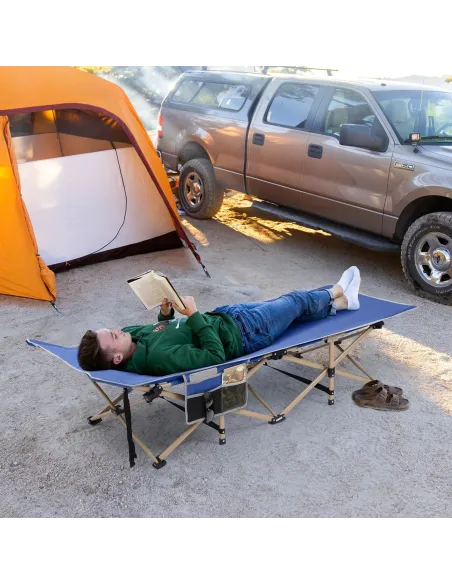 Łóżko Polowe Kempingowe Składane Leżak Sportneer Niebieskie 204kg Kieszenie