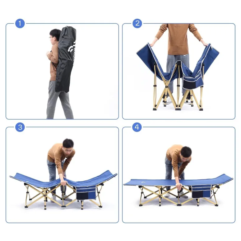 Łóżko Polowe Kempingowe Składane Leżak Sportneer Niebieskie 204kg Kieszenie