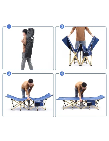 Łóżko Polowe Kempingowe Składane Leżak Sportneer Niebieskie 204kg Kieszenie