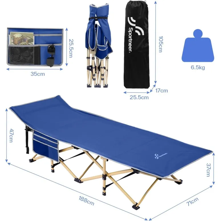 Łóżko Polowe Kempingowe Składane Leżak Sportneer Niebieskie 204kg Kieszenie