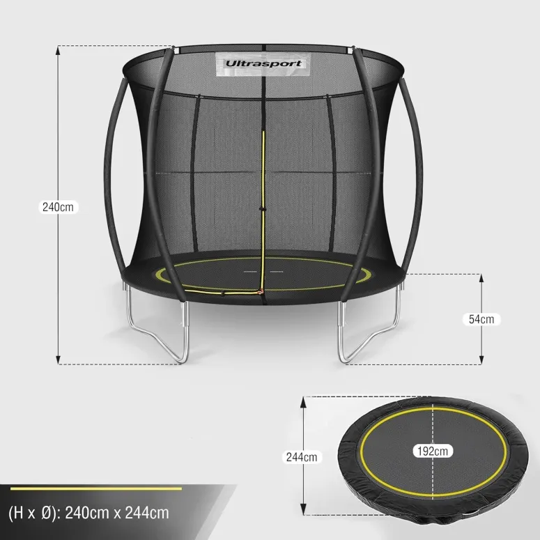 Trampolina Ultrasport Bez Sprężyn System Linowy Siatka Bezpieczeństwa 244cm