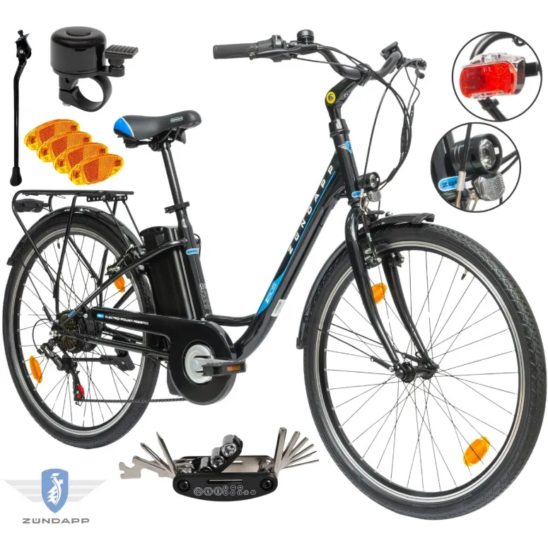 Rower Elektryczny Damski Miejski 26" SHIMANO 250 W LED Bagażnik Oświetlenie