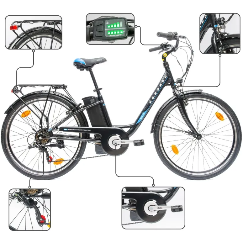 Rower Elektryczny Damski Miejski 26" SHIMANO 250 W LED Bagażnik Oświetlenie