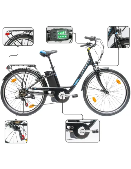 Rower Elektryczny Damski Miejski 26" SHIMANO 250 W LED Bagażnik Oświetlenie