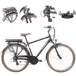 Elektryczny Rower Miejski 28 Męski Alu Wspomaganie Światła Bagażnik Dzwonek