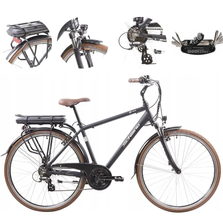 Elektryczny Rower Miejski 28 Męski Alu Wspomaganie Światła Bagażnik Dzwonek