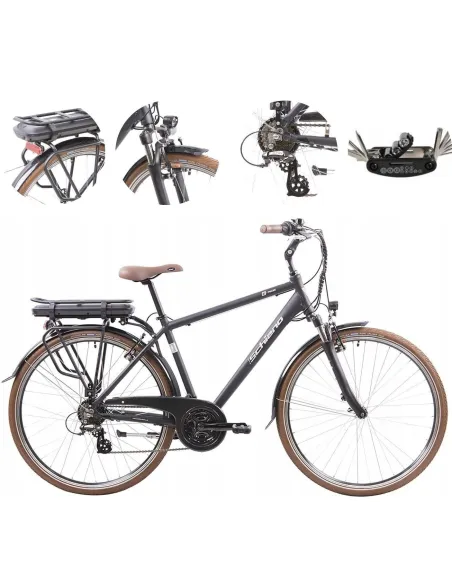 Elektryczny Rower Miejski 28 Męski Alu Wspomaganie Światła Bagażnik Dzwonek