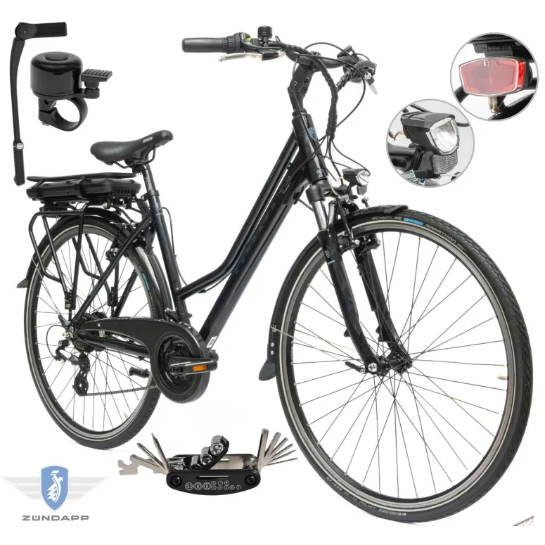 Rower Elektryczny Damski Trekkingowy 28" SHIMANO 250 W LED Alu Amory Stopka