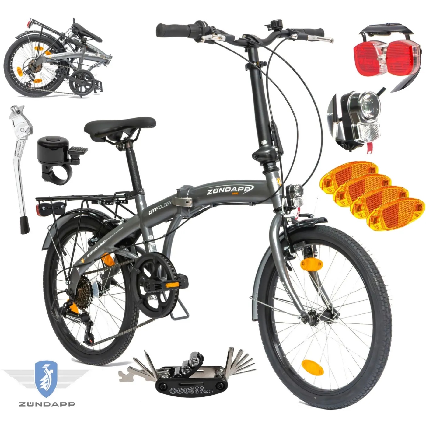 Rower Męski Damski Składany Miejski 20" SHIMANO Składak Oświetlenie Stopka