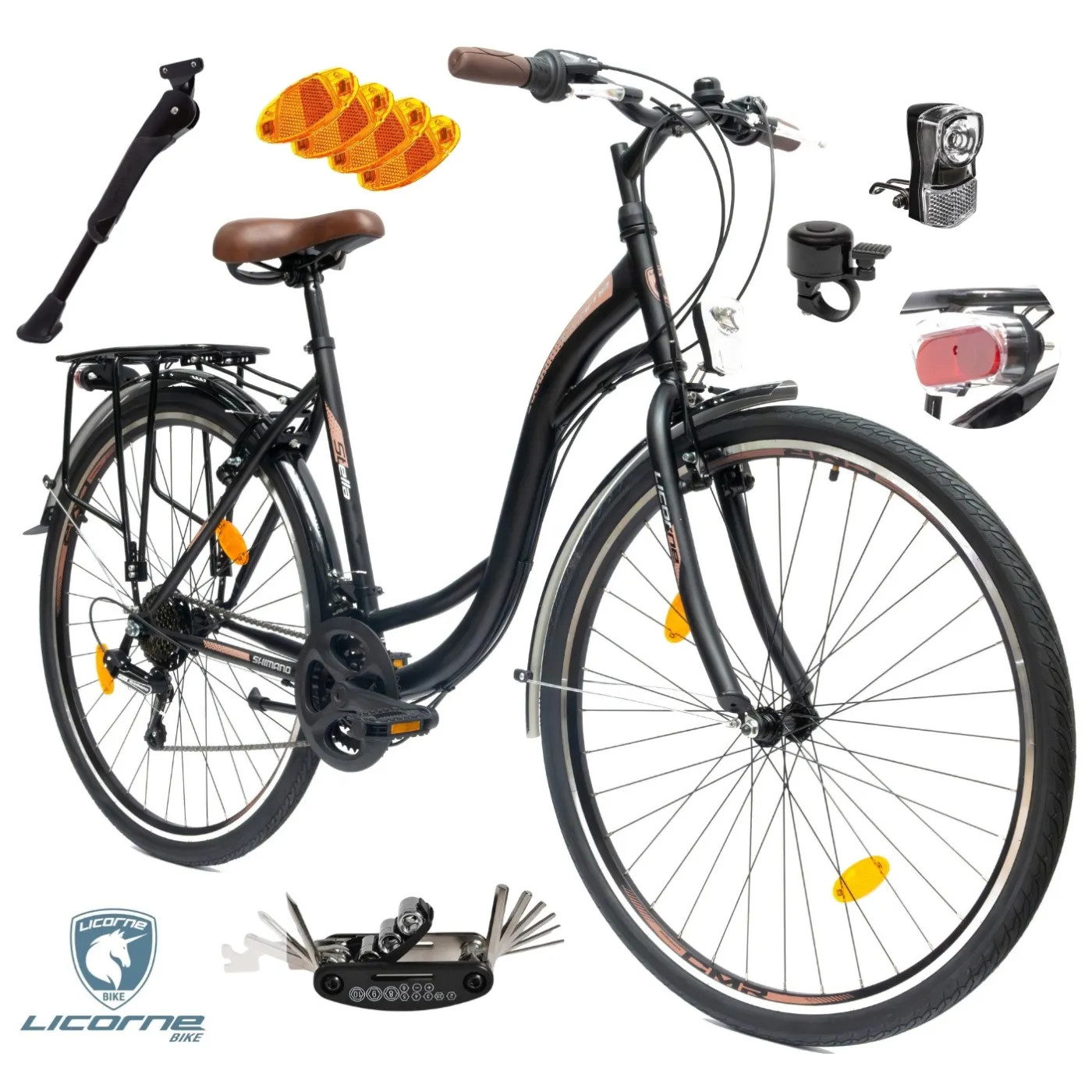 Rower Miejski Damski Męski 28 Rev Stopka Bagażnik Światła Dzwonek Błotniki