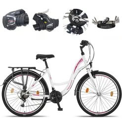 Rower Miejski Damski 26" Stal V-brake 21-biegów Revo Światła Stopka Dzwonek