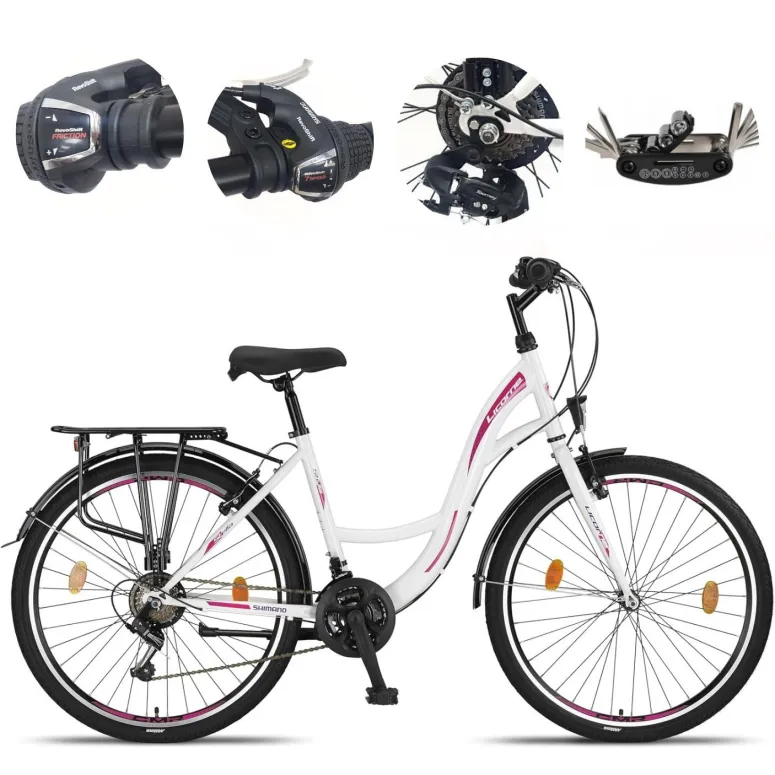 Rower Miejski Damski 26" Stal V-brake 21-biegów Revo Światła Stopka Dzwonek