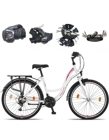 Rower Miejski Damski 26" Stal V-brake 21-biegów Revo Światła Stopka Dzwonek