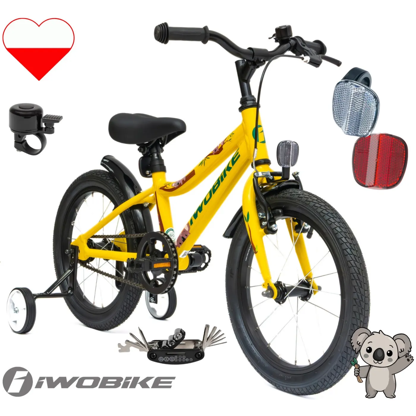 Rower Dziecięcy 16" Chłopięcy Dziewczęcy IWOBIKE 2025 Kółka Boczne Dzwonek