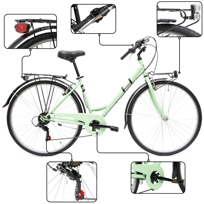 Rower Miejski Damski 28" Stal V-brake 6-biegów Revo Światła Dzwonek Stopka