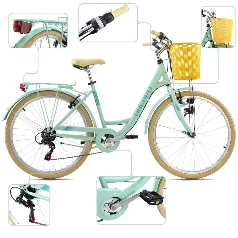 Rower Damski Miejski Koła 26 Dziewczęcy SHIMANO Koszyk Oświetlenie Bagażnik