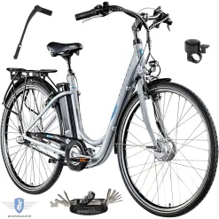 Rower Elektryczny Damski Miejski Koła 28" ALU Światła Błotniki Bagażnik