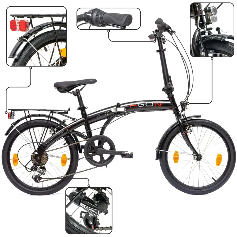 Składany Rower Miejski 20 Aluminiowy 6 Biegów Oświetlenie Składak V-brake