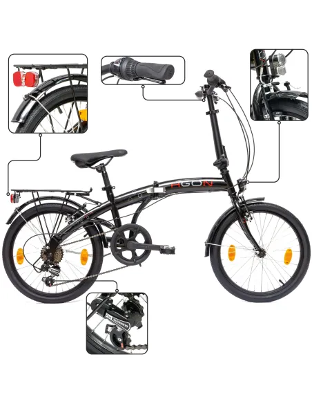 Składany Rower Miejski 20 Aluminiowy 6 Biegów Oświetlenie Składak V-brake