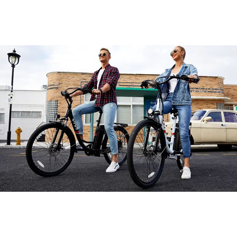 Elektryczny Rower Miejski 26 Niska Rama Światła LED Zasięg 70km 7 Biegów