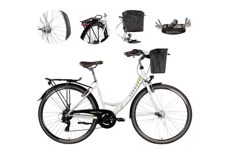 Rower Miejski Damski 28 Revo Koszyk Dzwonek Oświetlenie Bagażnik Stopka