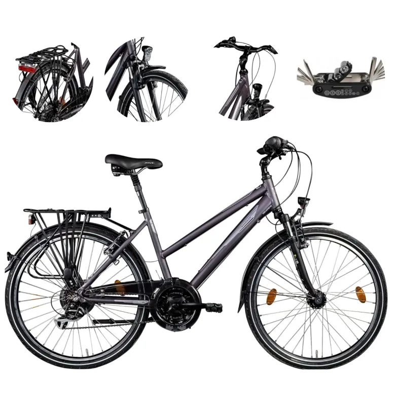 Rower Trekkingowy Damski 26 Aluminiowy Oświetlenie Amortyzacja Bagażnik