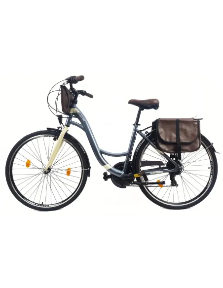 Rower Miejski Damski 28 ALU 21 Biegów Bagażnik Sakwy Dzwonek Światła Stopka