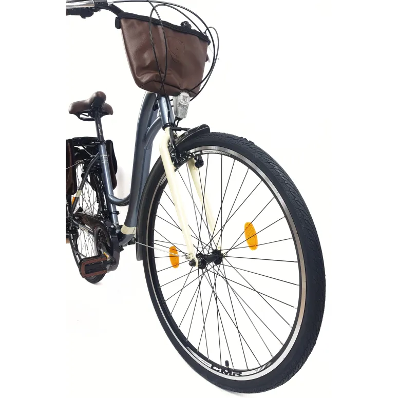 Rower Miejski Damski 28 ALU 21 Biegów Bagażnik Sakwy Dzwonek Światła Stopka