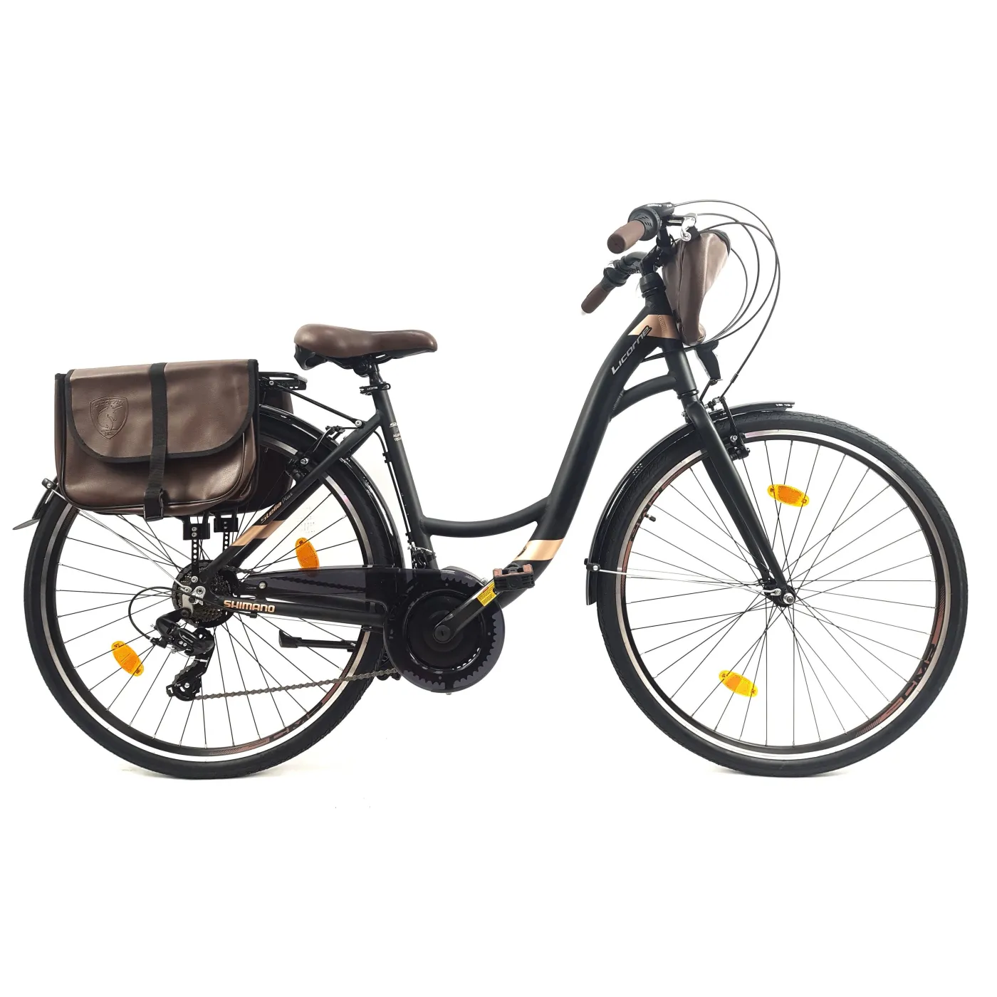 Rower Miejski Damski 28 ALU 21 Biegów Bagażnik Sakwy Dzwonek Stopka Światła