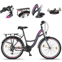 Rower Miejski Dziewczęcy 24 Uniwersalny Revo Oświetlenie Bagażnik Odblaski