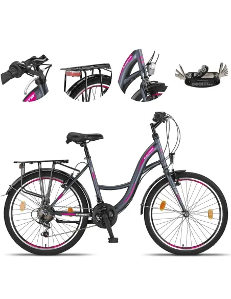 Rower Miejski Dziewczęcy 24 Uniwersalny Revo Oświetlenie Bagażnik Odblaski