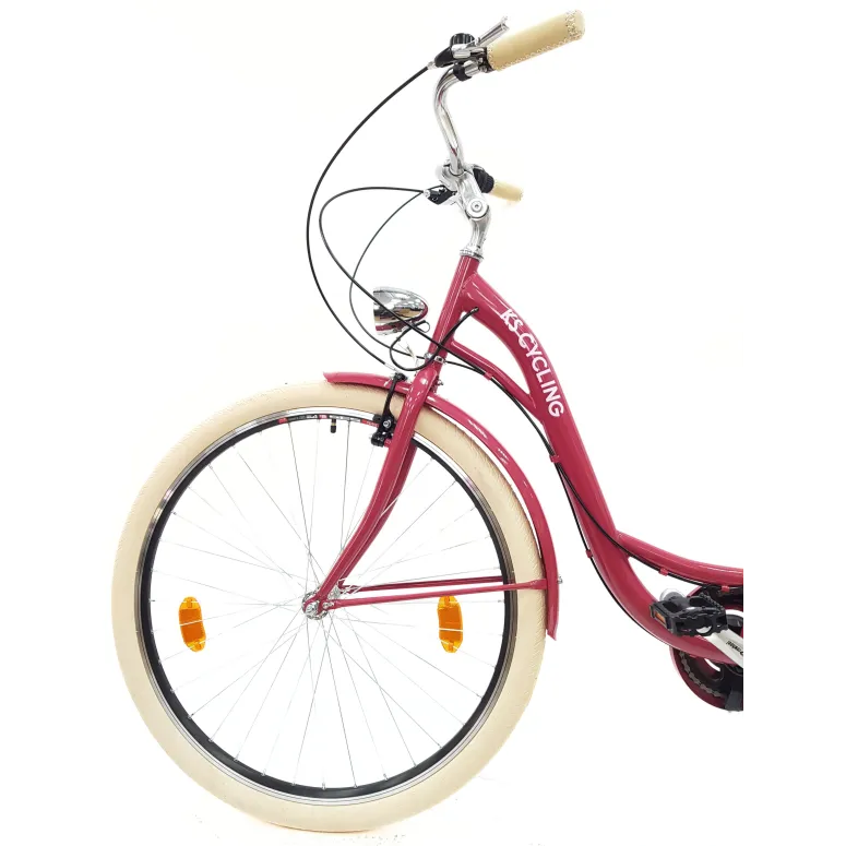 Rower Miejski 28 Damski 6 biegów V-brake Malinowy Połysk Dynamo Dzwonek