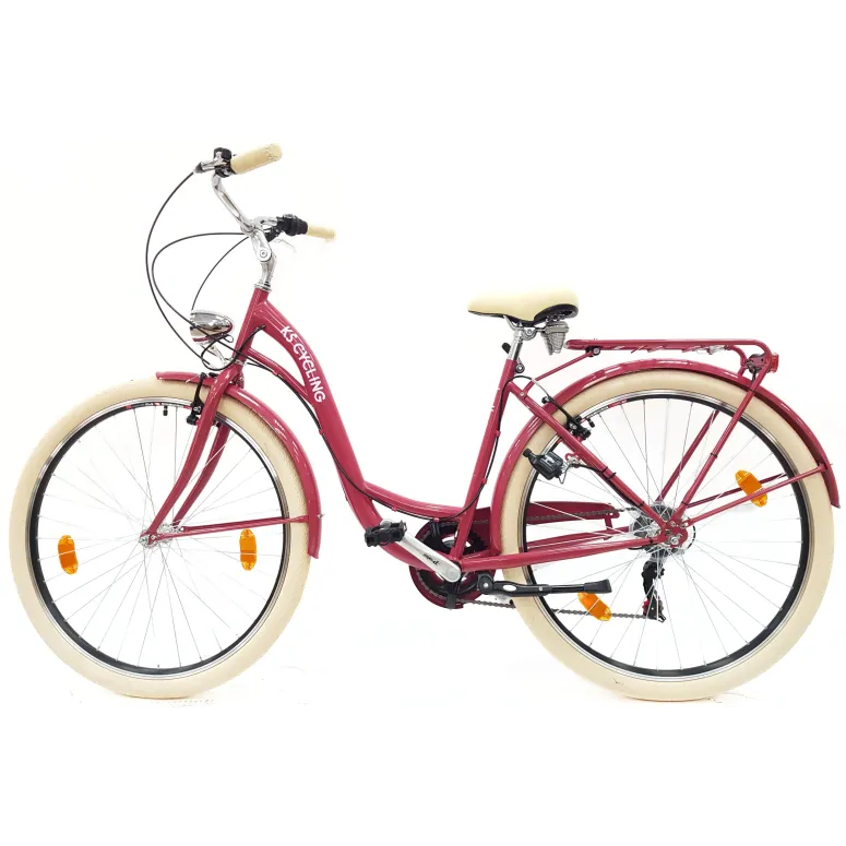 Rower Miejski 28 Damski 6 biegów V-brake Malinowy Połysk Dynamo Dzwonek