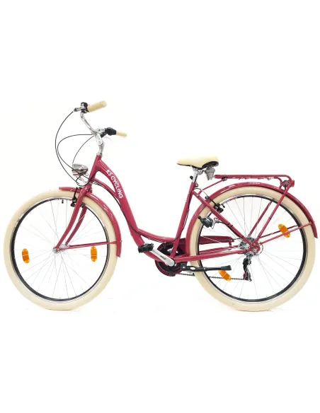 Rower Miejski 28 Damski 6 biegów V-brake Malinowy Połysk Dynamo Dzwonek
