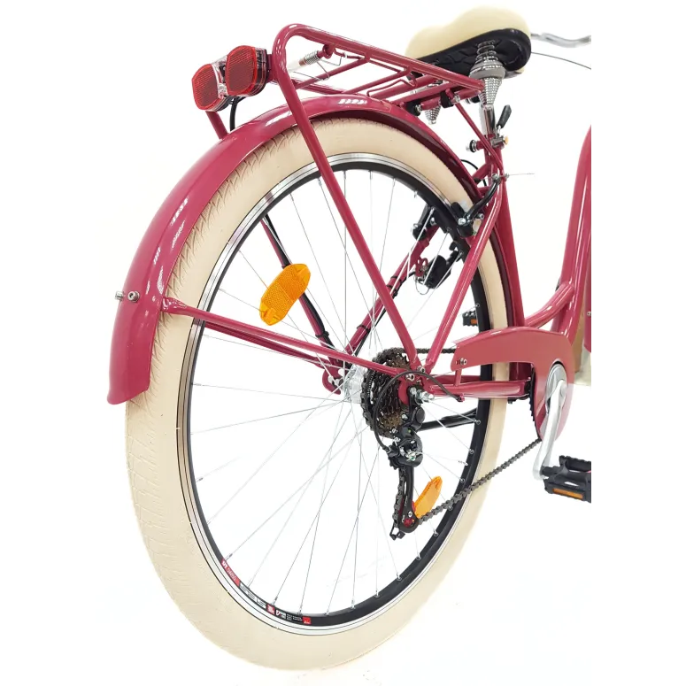 Rower Miejski 28 Damski 6 biegów V-brake Malinowy Połysk Dynamo Dzwonek