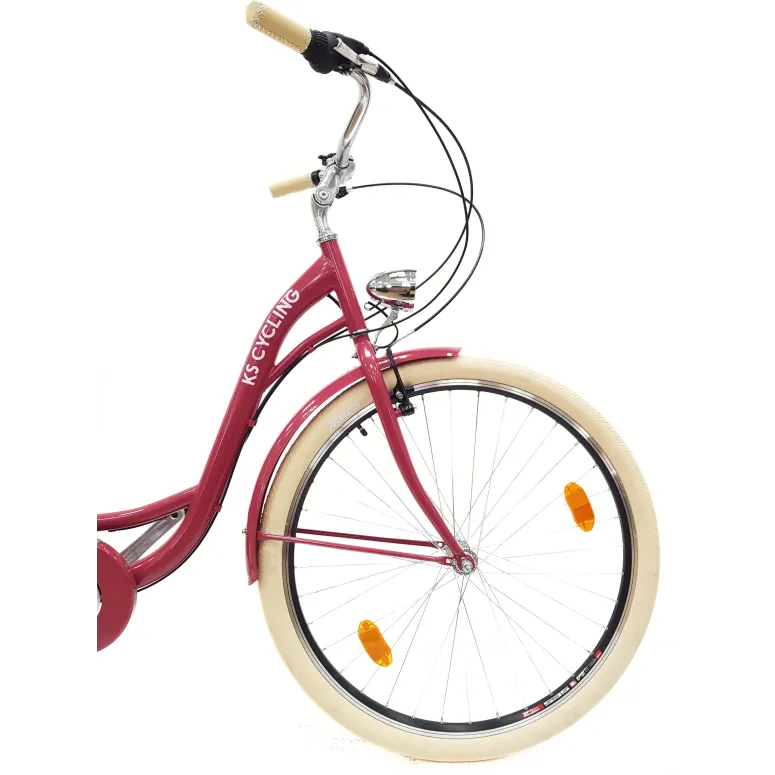 Rower Miejski 28 Damski 6 biegów V-brake Malinowy Połysk Dynamo Dzwonek