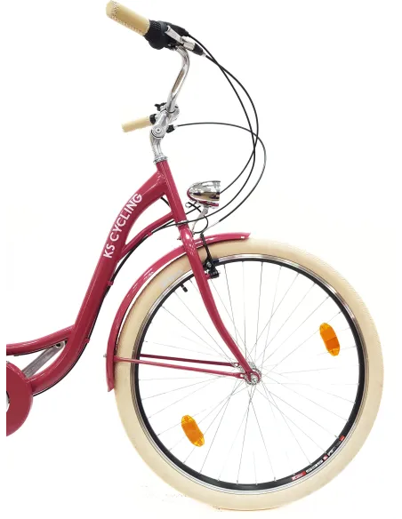 Rower Miejski 28 Damski 6 biegów V-brake Malinowy Połysk Dynamo Dzwonek