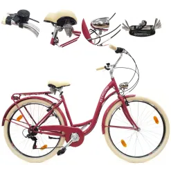 Rower Miejski 28 Damski 6 biegów V-brake Malinowy Połysk Dynamo Dzwonek