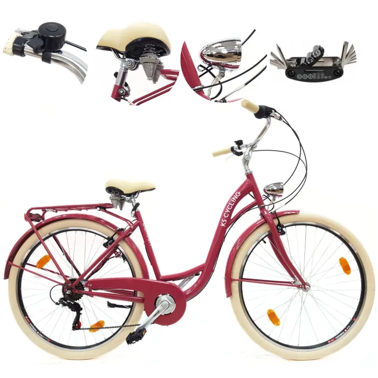 Rower Miejski 28 Damski 21 biegów V-brake Malinowy Połysk Dynamo Dzwonek