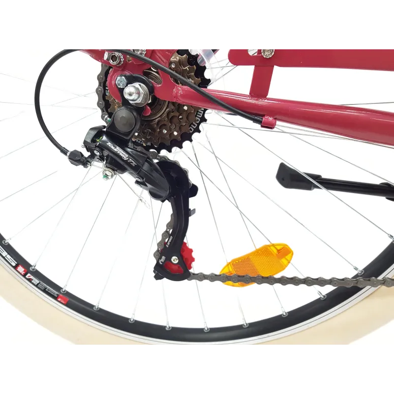 Rower Miejski 28 Damski 6 biegów V-brake Malinowy Połysk Dynamo Dzwonek