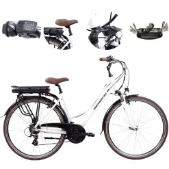 Elektryczny Rower Miejski Damski 28 Błotniki Oświetlenie Bagażnik Dzwonek