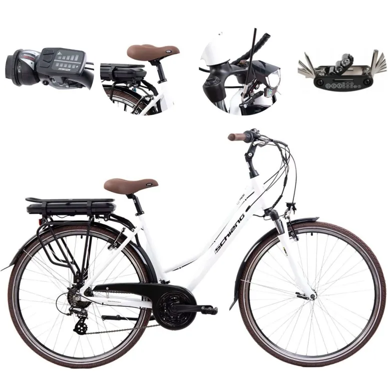 Elektryczny Rower Miejski Damski 28 Błotniki Oświetlenie Bagażnik Dzwonek