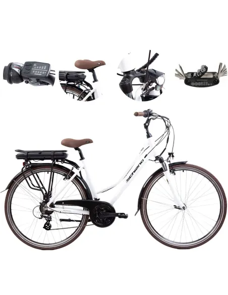 Elektryczny Rower Miejski Damski 28 Błotniki Oświetlenie Bagażnik Dzwonek