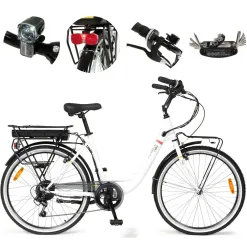 Elektryczny Rower Miejski 26 Wspomaganie Błotniki Bagażnik Światła Dzwonek